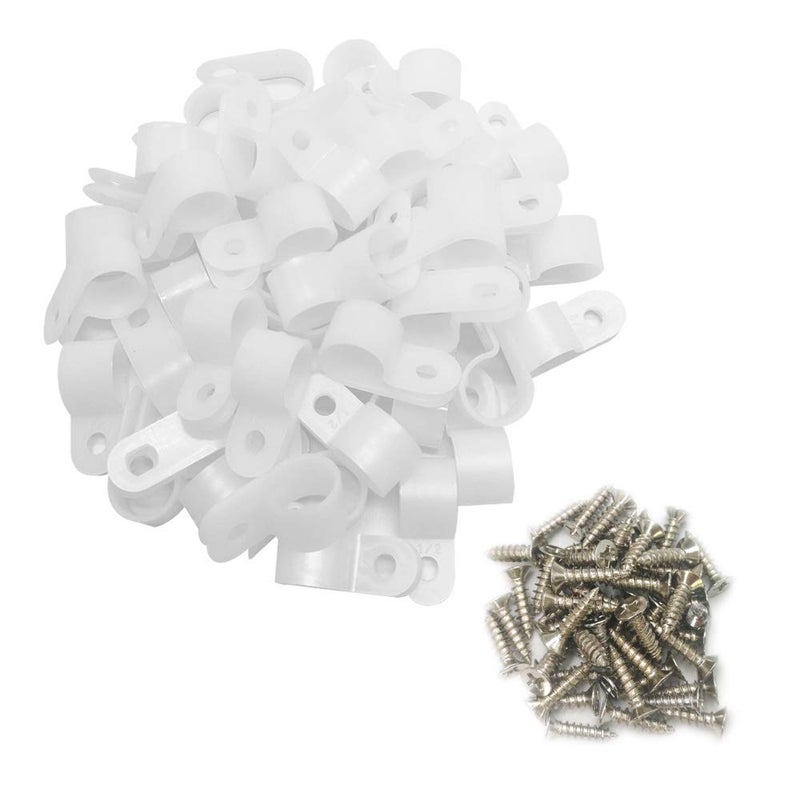 Alamic Cable Clamp R-Type Cable Clip Wire Clamp 1/2â€œ Nylon Screw Mounting Cord Fastener Clips with Screws for Wire Management - 50 Pcs Cable Clamps + 50 Pcs Screws, White - Image 1